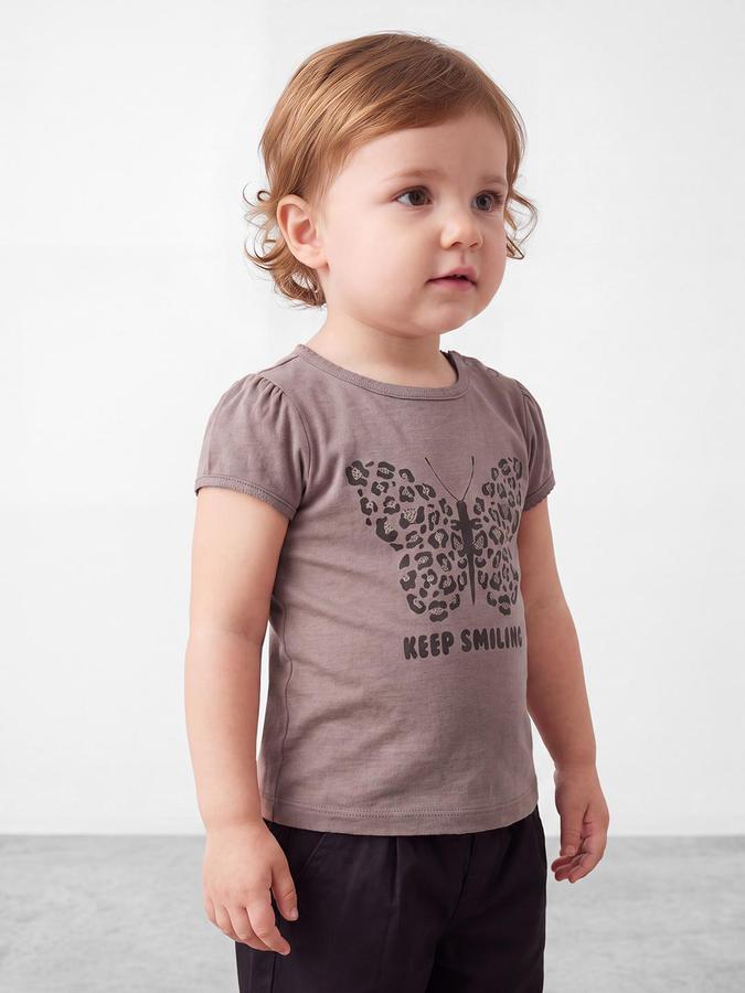 R&B Girls Brown Butterfly Print Short Sleeves Round Neck Pure Cotton T-Shirt