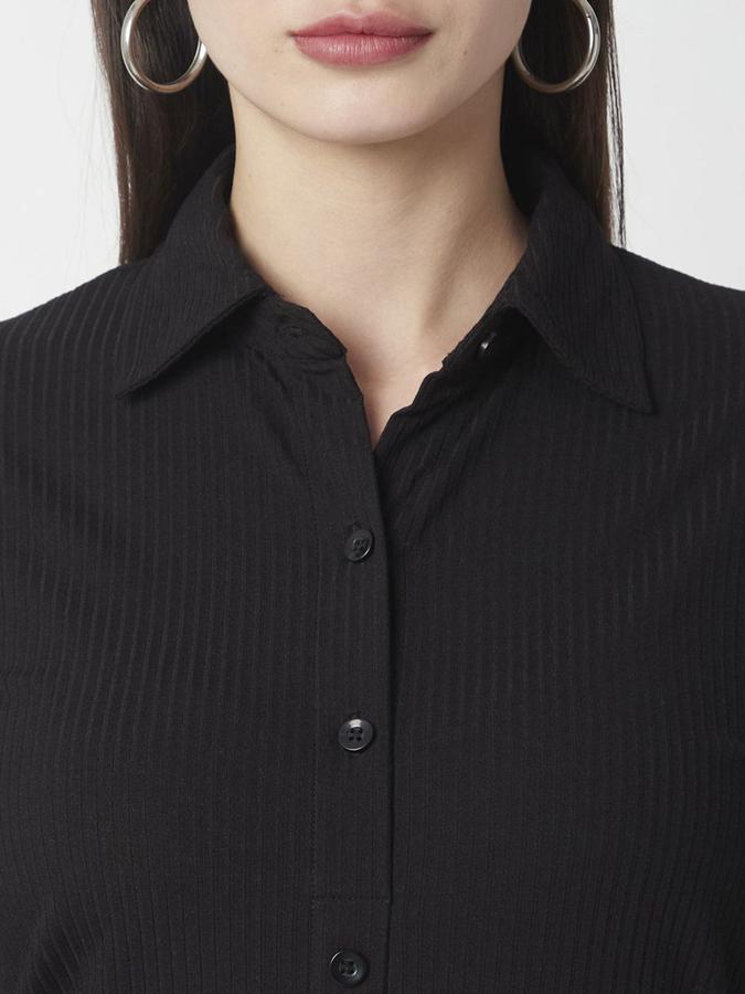 R&B Women Black Solid Long Sleeves Shirt Collar Midi Shirt Dress
