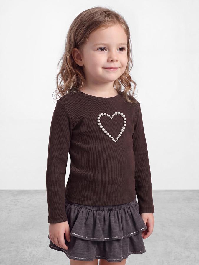 R&B Girls Brown Heart Embellishment Long Sleeves Round Neck Rib T-Shirt