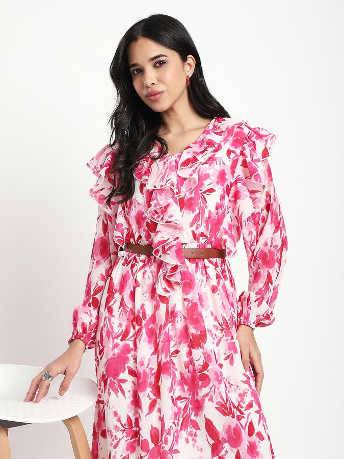R&B Women Pink Abstract Print Ruffle Shirt Dress