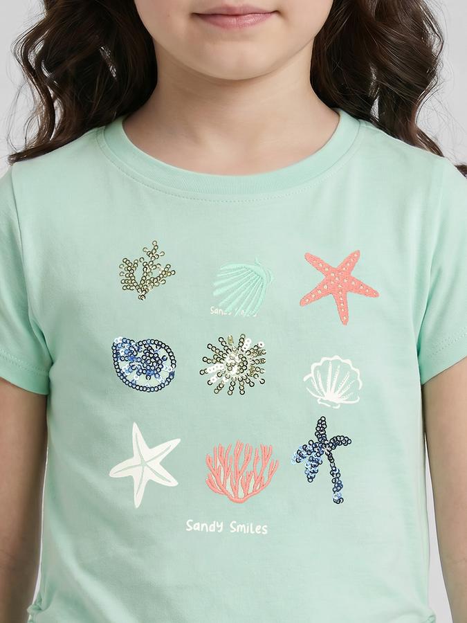 R&B Green Graphic Print Girls Round Neck Regular Fit Short Sleeves T-Shirt 