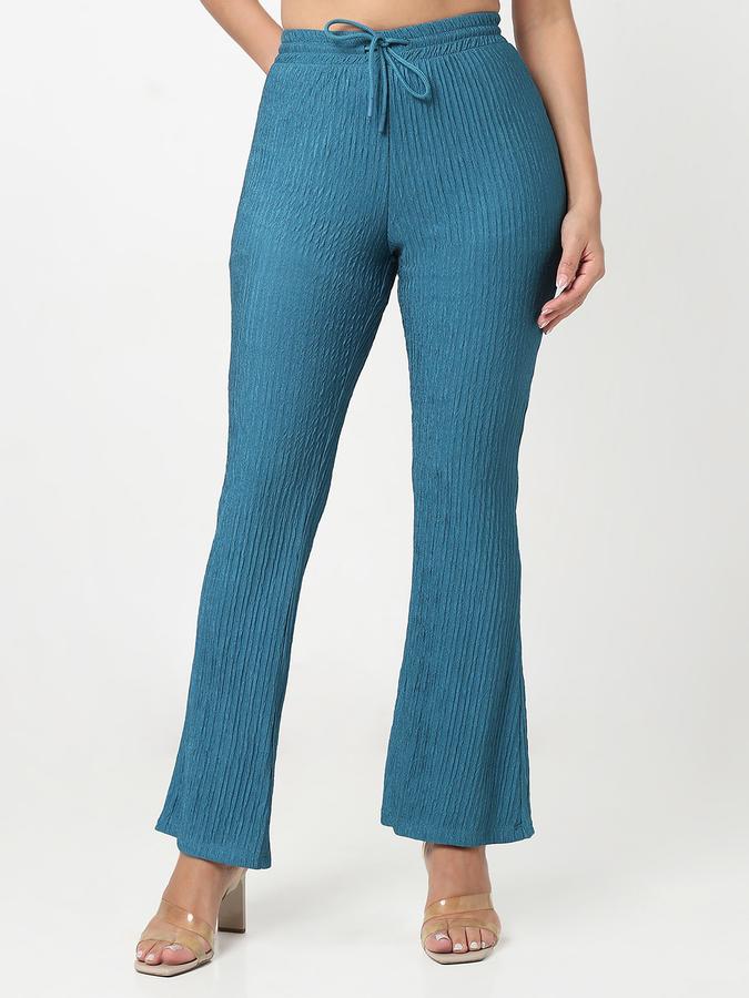 Women Polyester Flared Leg Mid Rise Textured Trousers