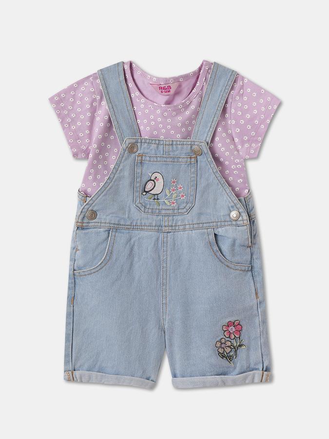 Girls Denim Embroidered Adjustable Straps Cuffed Hem Dungaree