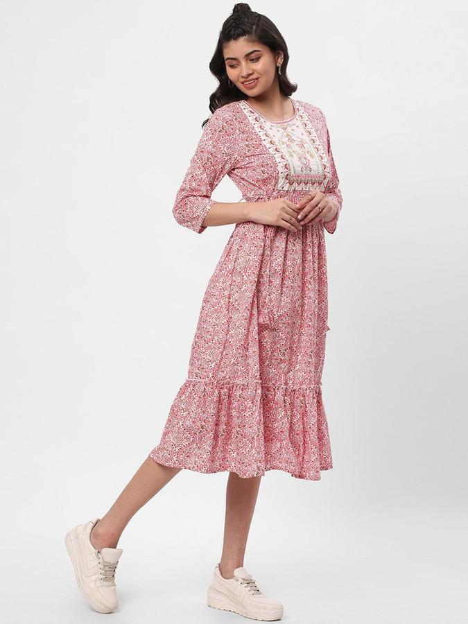R&B Women Pink Printed Three Quarter Sleeves Fit &amp; Flared Knee Length Ethnic Dress