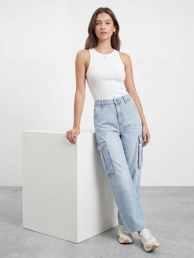 R&B Women's Blue Straight Fit Pure Cotton Cargo Jeans