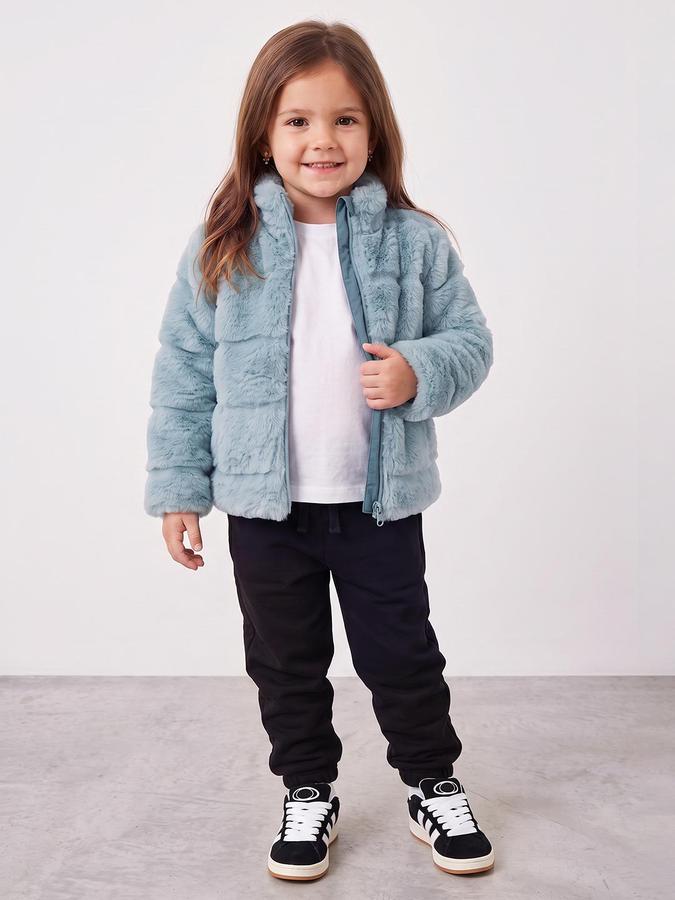 R&B Girls Teal Self Design Mock Collar Long Sleeves Fur Jacket