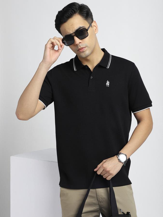 Men Cotton Blend Regular Fit Polo Neck Textured T-shirt