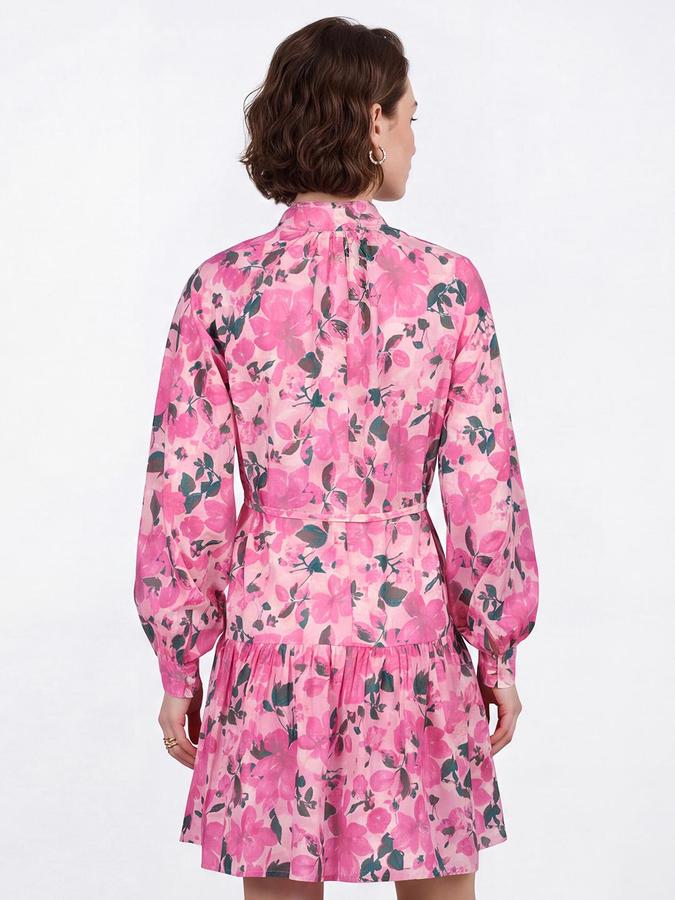 R&B Women Pink Floral Print Mandarin Collar Cuffed Long Sleeves Fit & Flare Mini Dress