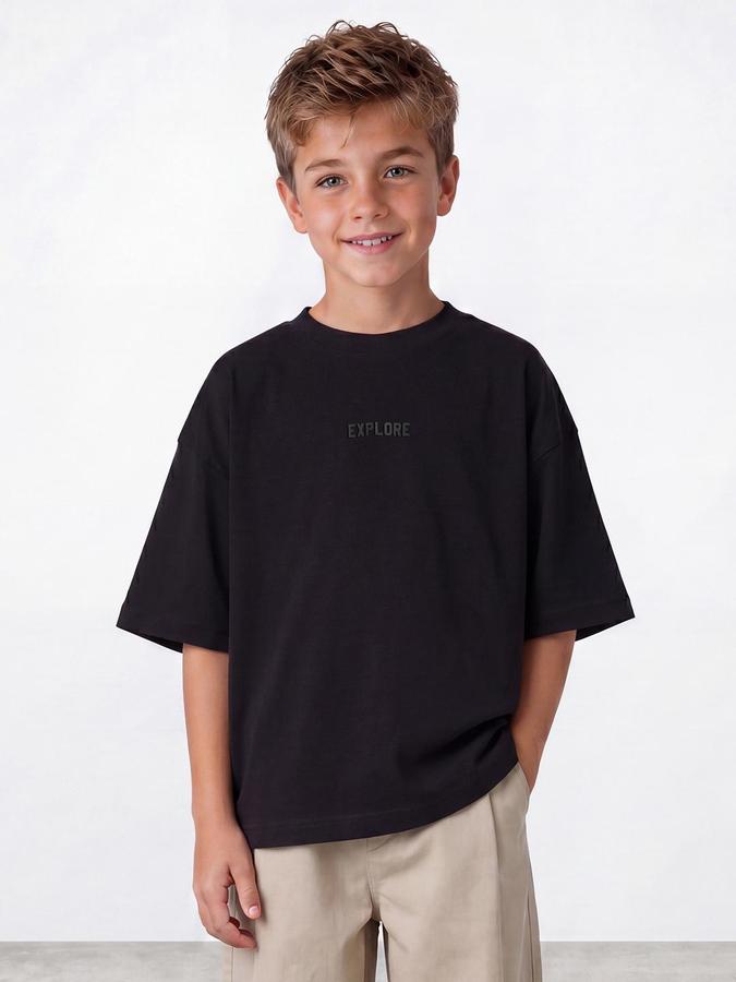 R&B Boys Black Short sleeve Round Neck Urban Edit Typography Graphics Relaxed Fit T-Shirt