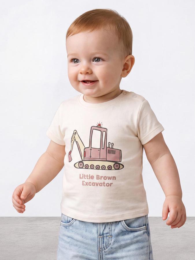 R&B Boys Light Beige Short Sleeve Round Neck Excavator Graphic Print T-Shirt