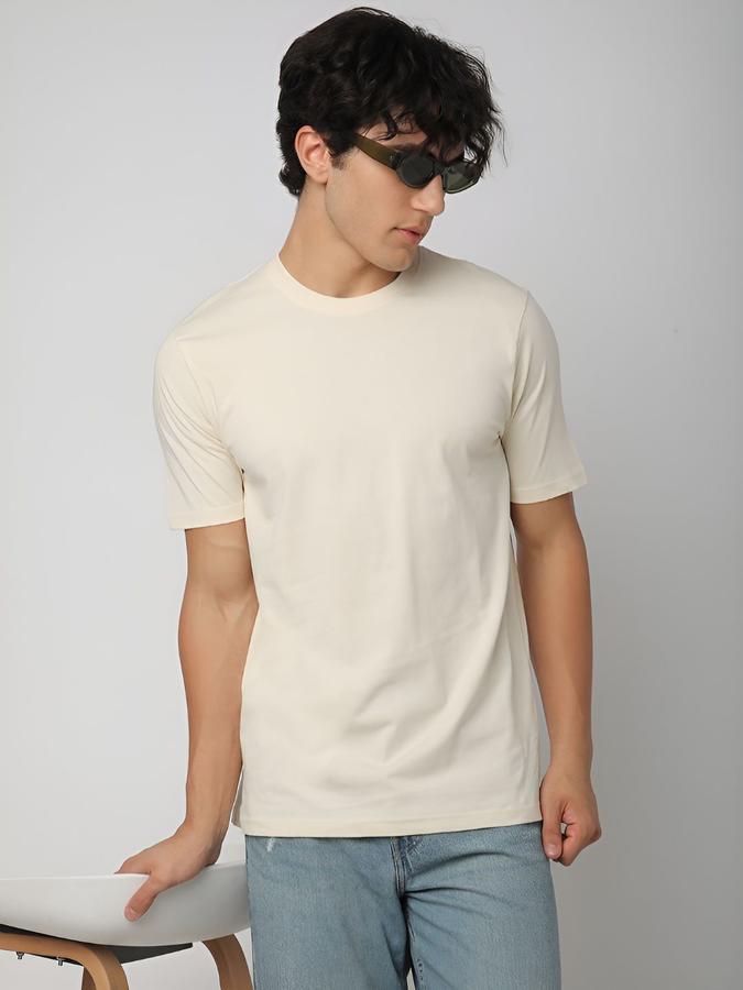 R&B Mens Cream Solid Round Neck Short Sleeves T-shirt