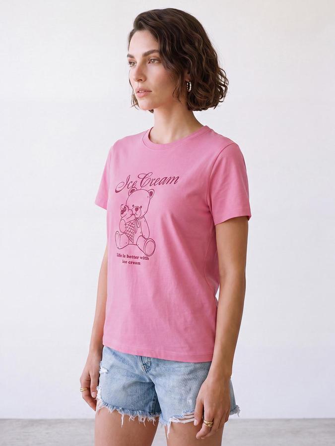 R&B Women Pink Short Sleeve Round Neck Teddy Bear Graphic Print T-Shirt