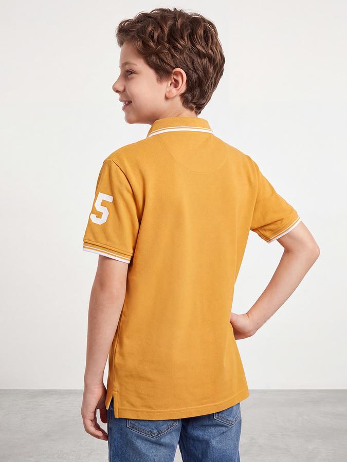 R&B Boys Mustard Collegiate Badge Printed Polo Collar Short Sleeves Pure Cotton T-shirt
