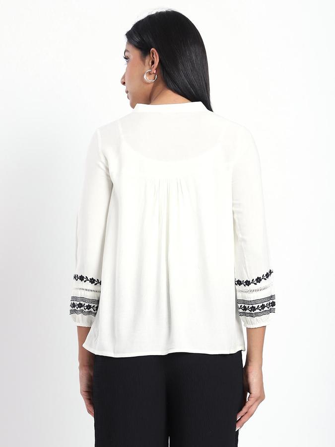 R&B Women White Embroidered Mandarin Collar 3/4th Sleeves Pure Cotton Tunic Top
