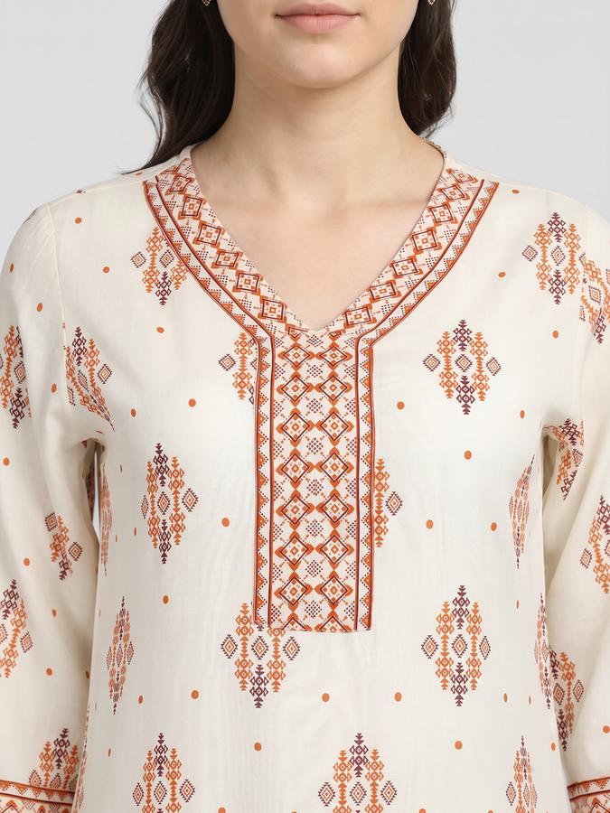 R&B Off White Printed Women Three-Quarter Sleeves V-Neck Kurta