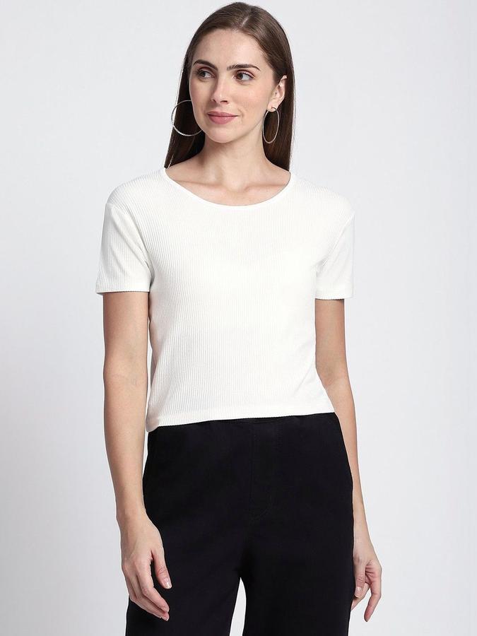 R&B Womens Ivory Self Design Round Neck Short Sleeves T-shirt