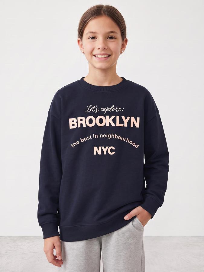 R&B Girls Dark Blue Graphic Print Round Neck Long Sleeves Sweatshirt