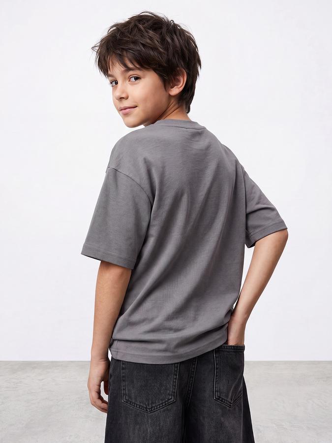 R&B Boys Grey Bold Typographic Print Drop-Shoulder Sleeves Tshirt