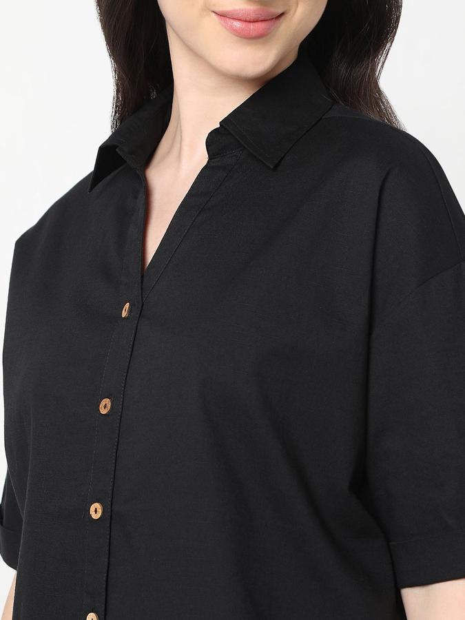 R&B Women Black Solid Half Sleeves Cuban Collar Shirt