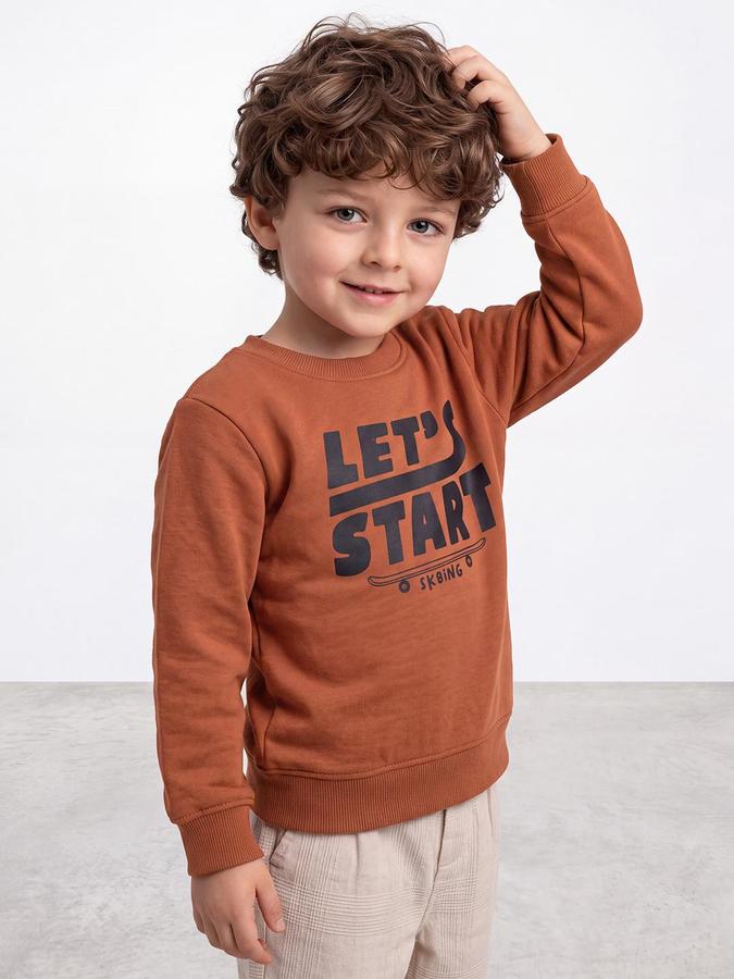 R&B Boys Light Brown Bold Graphic Round Neck Long Sleeves Regular Fit Sweatshirt