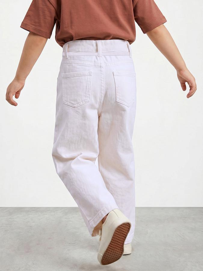 R&B Girls White Wide Leg Solid Mid-Rise Cotton Trouser
