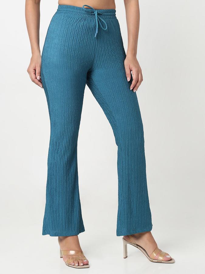 Women Polyester Flared Leg Mid Rise Textured Trousers