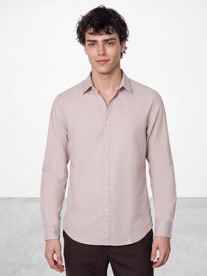 R&B Men's Beige Long Sleeves Spread Collar Cotton Slub Shirt