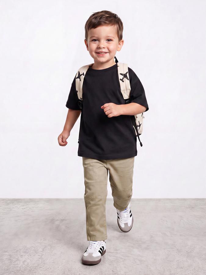 R&B Boys Beige Solid Regular Fit Mid Rise Trousers