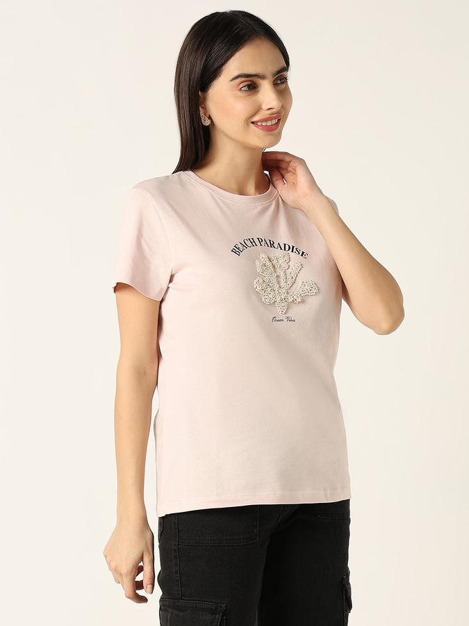 Women Cotton Regular Fit Round Neck Embellished T-shirt