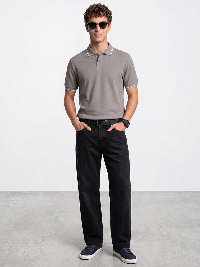 R&B Men Light Grey Textured Short Sleeves Polo Collar T-Shirt
