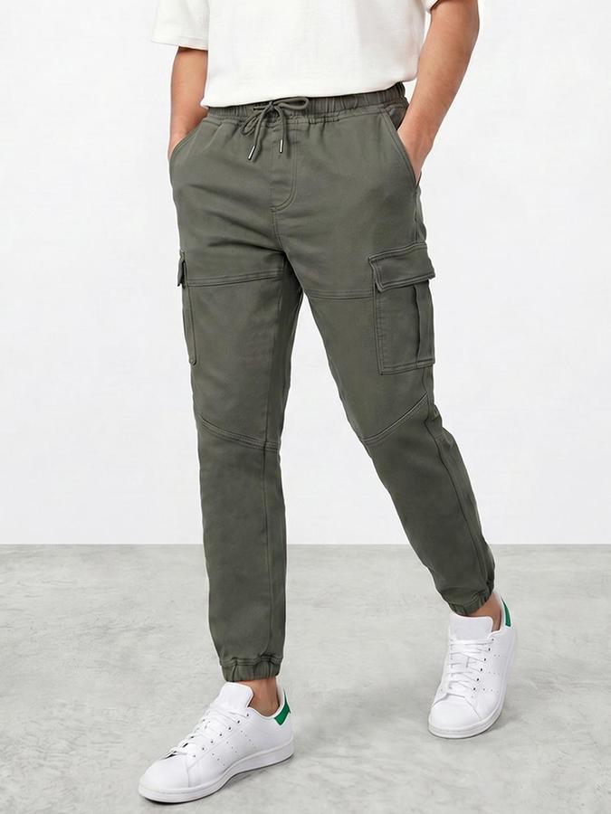 R&B Mens Green Slim Fit Mid Rise Denim Cargo Jeans