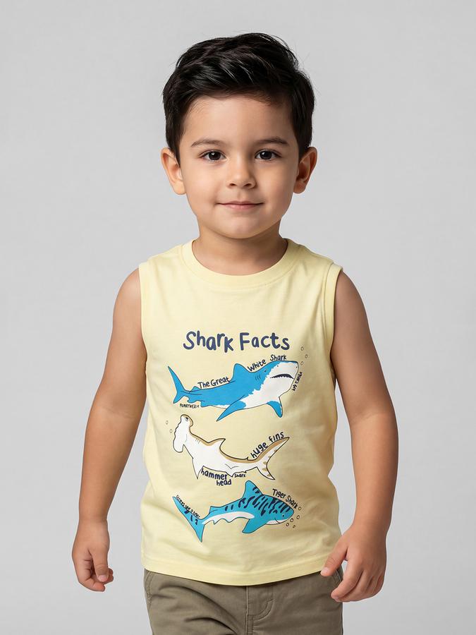 R&B Yellow Graphic Print Boys Round Neck Regular Fit Sleeveless T-Shirt 