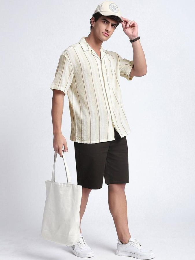 R&B Men Ivory Striped Half Sleeves Cuban Collar Shirt