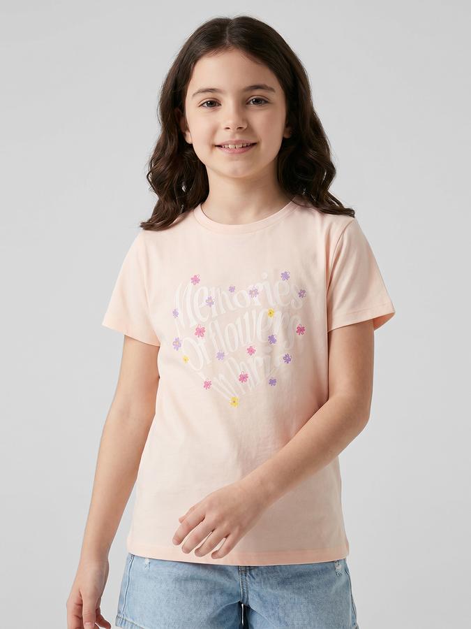 R&B Peach Graphic Print Girls Round Neck Regular Fit Short Sleeves T-Shirt 