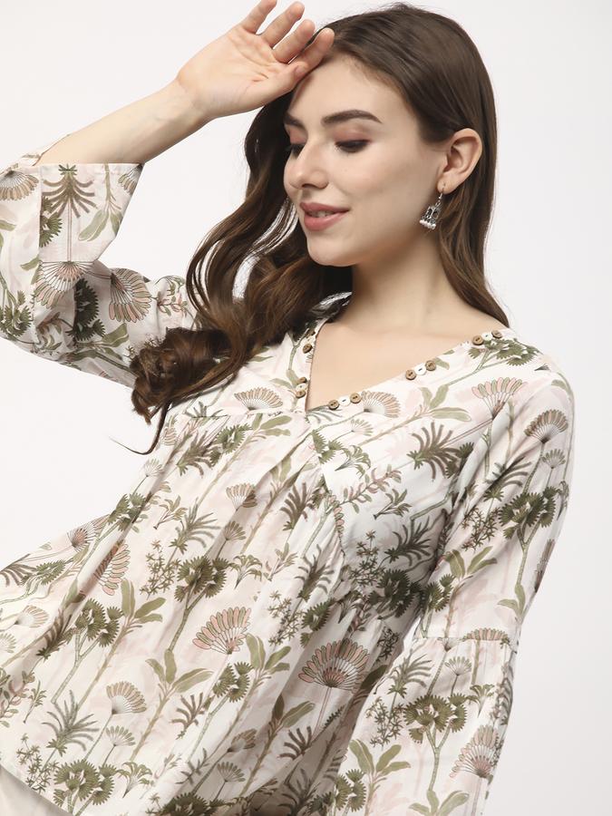 Women Cotton Relaxed Fit V-Neck Printed Ethnic Top