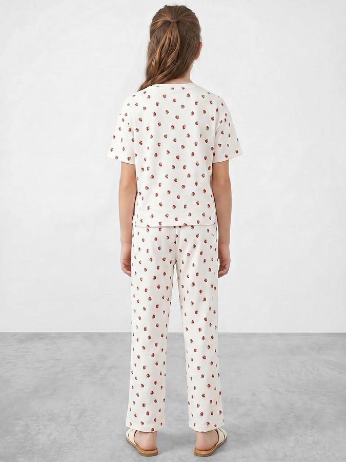 R&B Girls Off White Printed Round Neck Short Sleeves Pure Cotton T-shirt &amp; Pyjamas Set