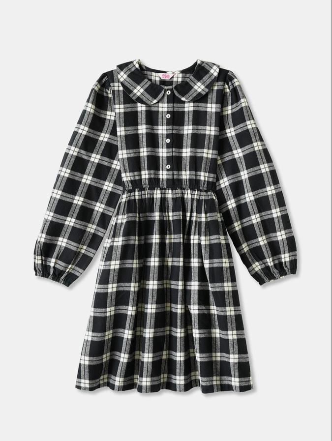R&B Black Checked  Girls Long Sleeves Dress