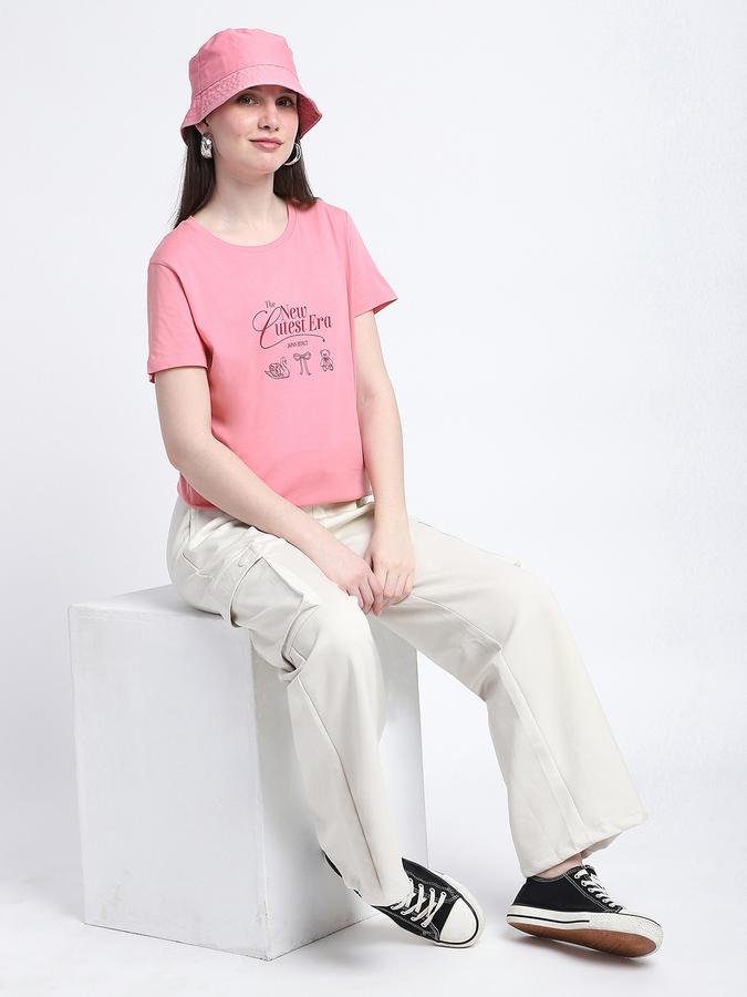 Women Cotton Regular Fit Crew Neck Slogan T-shirt