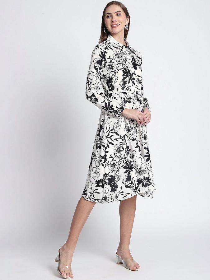 R&B Women Black Floral Long Sleeves Shirt Collar Knee Length A-Line Dress