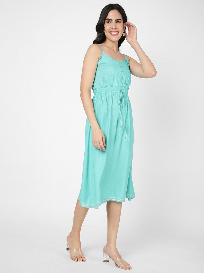 R&B Women Turquoise Self Design Sleeveless Round Neck Midi Fit &amp; Flare Ethnic Dress