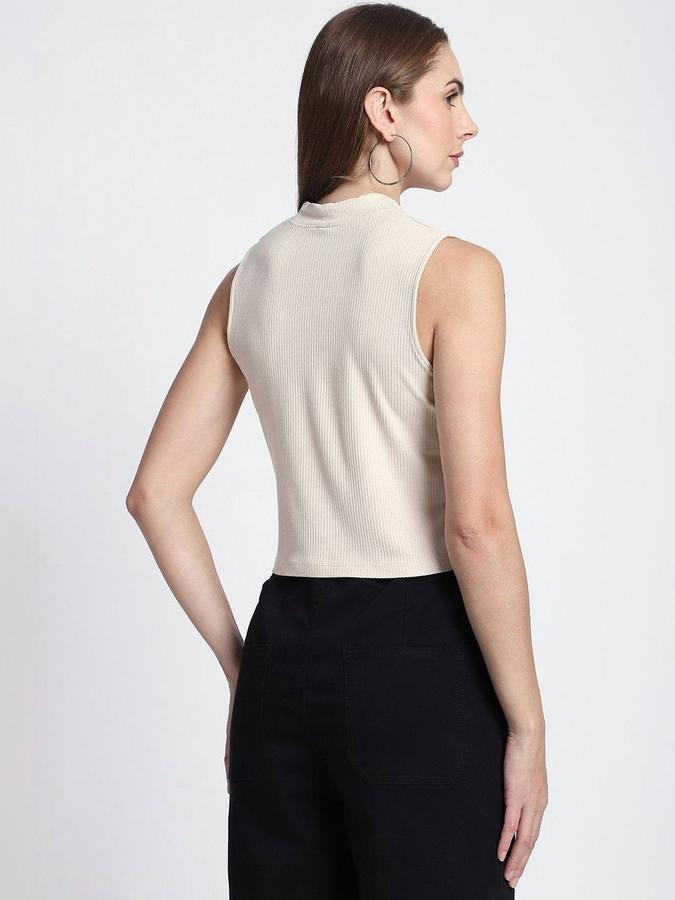R&B Womens Cream Self Design High Neck Sleeveless Top