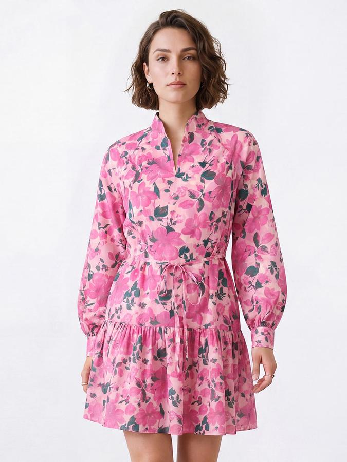 R&B Women Pink Floral Print Mandarin Collar Cuffed Long Sleeves Fit & Flare Mini Dress