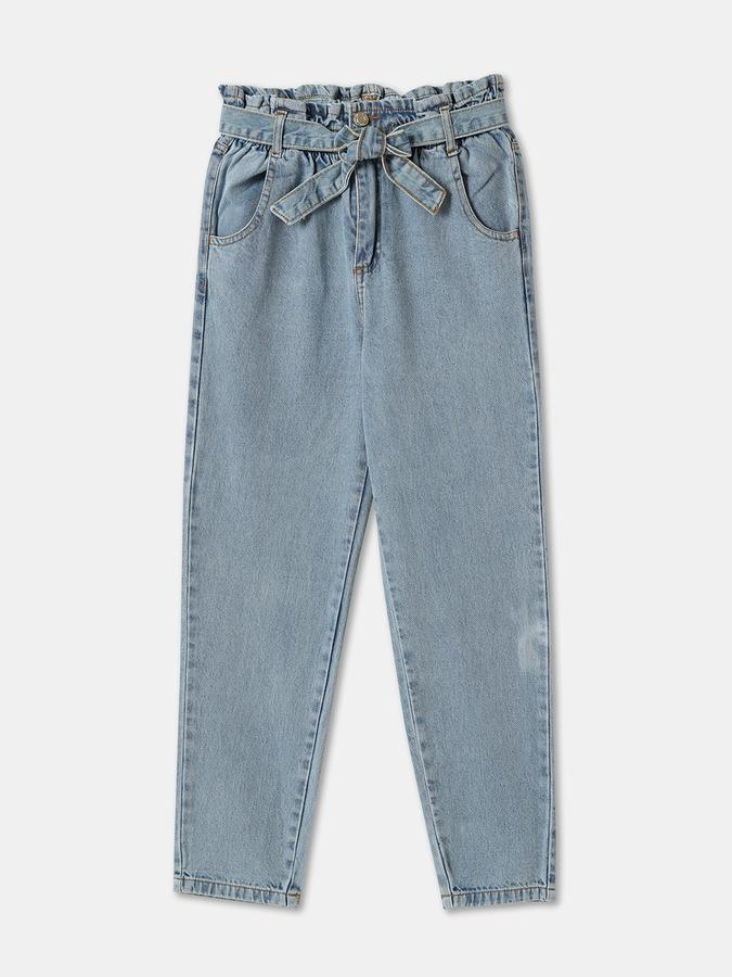 Girls Regular Fit High-Waist Pleated Jeans