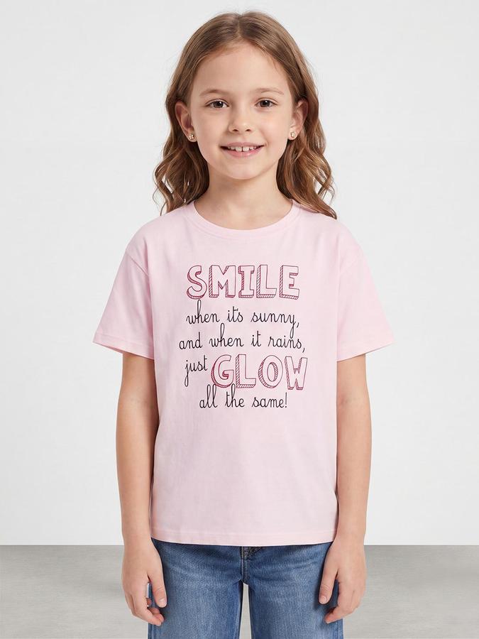 R&B Girls Pink Marshmallow Typography Print Short Sleeves Round Neck Pure Cotton T-Shirt