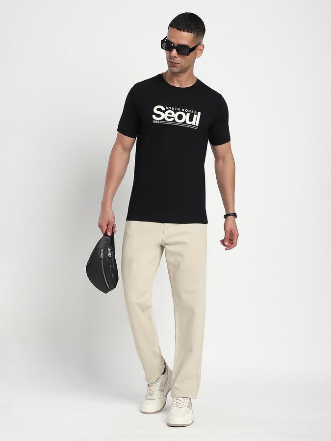 R&B Men Black Typography Printed Pure Cotton Short Sleeves Tshirt
