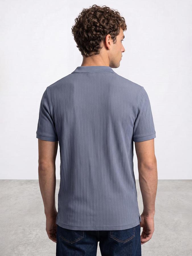 R&B Men Blue Textured Short Sleeves Polo Collar T-Shirt