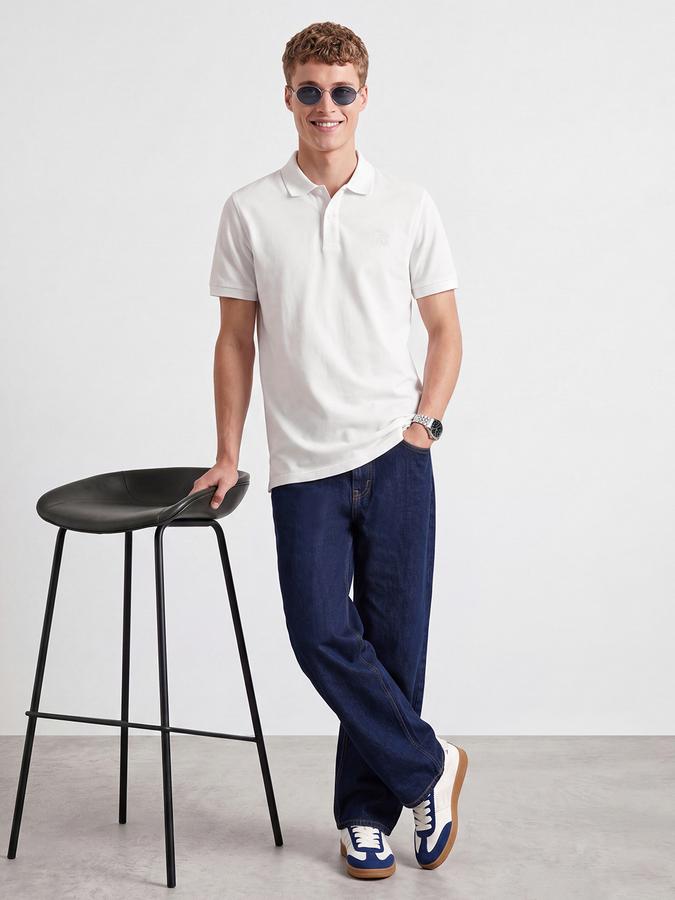 R&B Men White Solid Short Sleeves Pure Cotton Polo Collar Tshirt