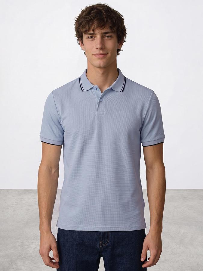 R&B Men Sky Blue Textured Short Sleeves Polo Collar T-Shirt