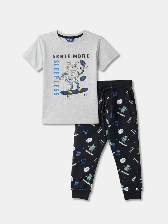 Boys Cotton Regular Fit Crew Neck Graphic Sleepwear Set