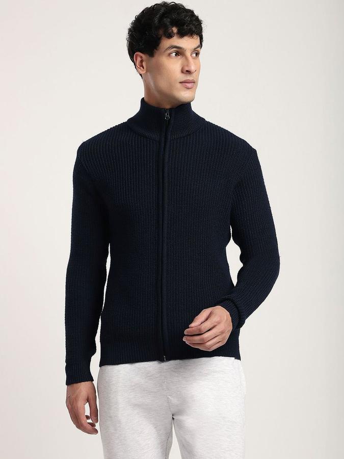 R&B Men Navy Blue Mock Collar Ribbed Long Sleeves Sweater